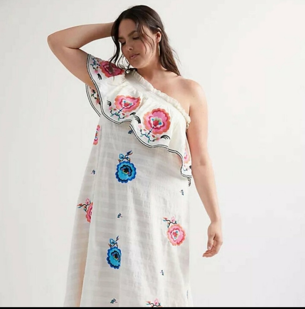 0812 NWT Anthropologie Plenty By Tracy Reese Embroidered One Shoulder Dress